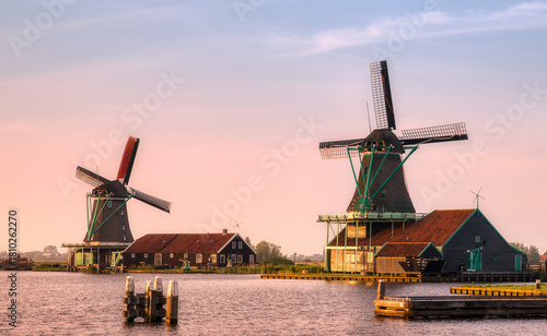 Windmills at Beautifull Zaanse Schans on the River Zaan Riverside, Netherlands, at Afternoon