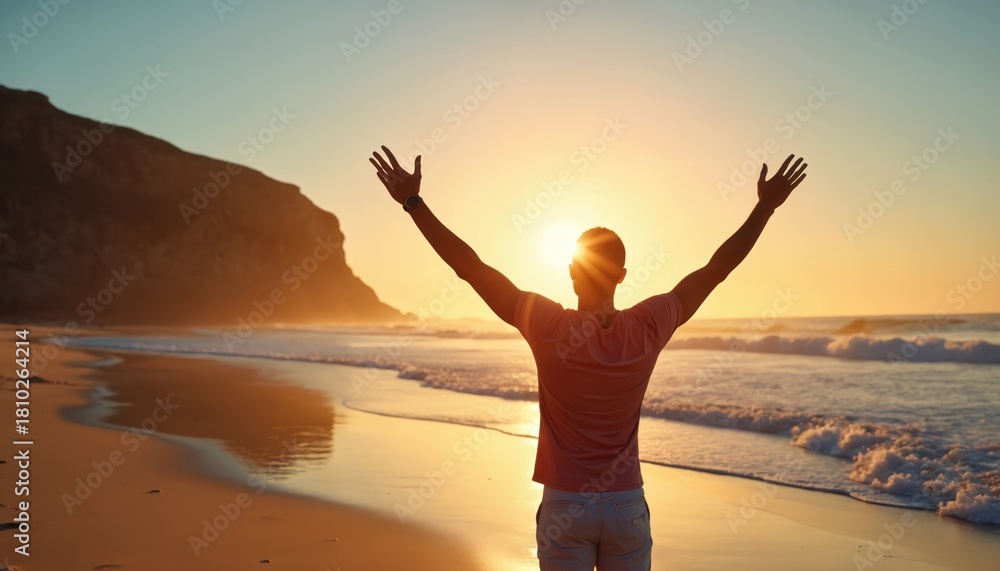 Fototapeta premium Man stands on wide ocean beach with arms raised, celebrating life, freedom. Greets bright sunrise, sunset, feeling happiness, carefree relaxation. Golden light fills sky, reflects on water surface.