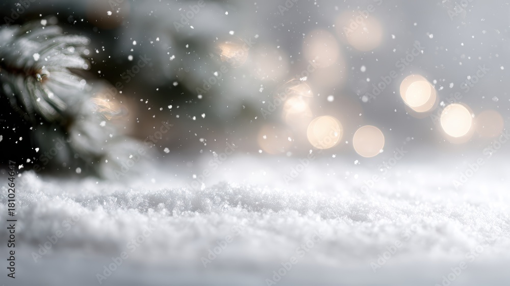Naklejka premium Snowflakes on snow with bokeh Christmas lights and fir branches