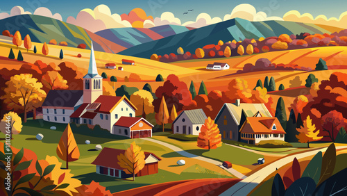 Very beautiful autumn view of the charming village of Waits River in Vermont, surrounded by vibrant fall foliage, rolling hills, and classic rural homes glowing in warm seasonal light.