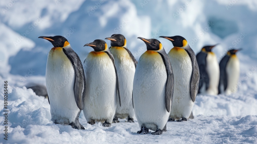 Fototapeta premium A group of emperor penguins makes its way across a snowy landscape in Antarctica showcasing their elegant posture.