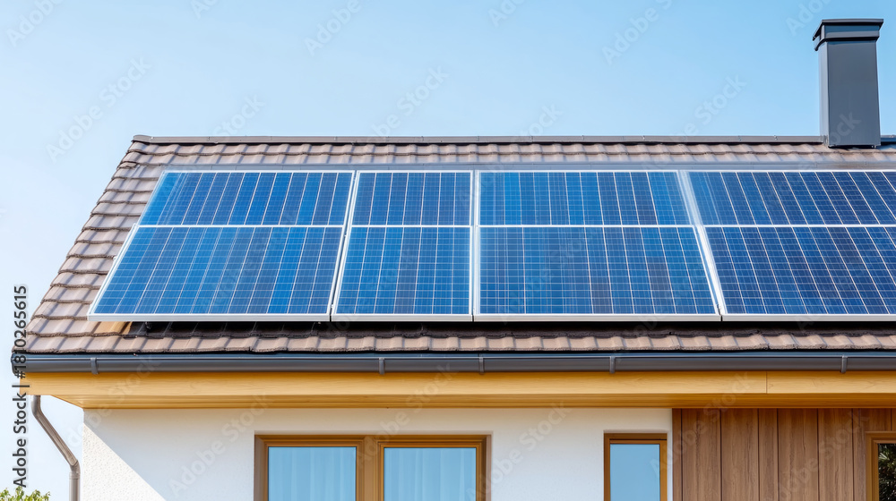 Fototapeta premium Eco friendly air conditioner system with roof-mounted solar panels for sustainable energy