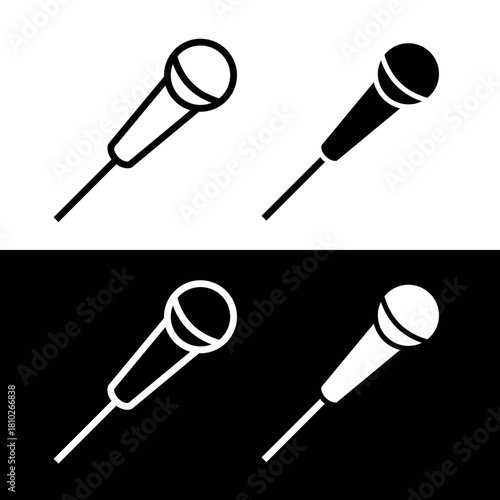 Reporter microphone (mike) icon. Symbol of voice or sound. Pictogram for turning the sound on and off. An attribute of a singer, speaker, or announcer.