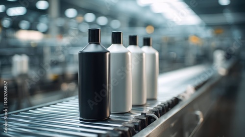 Monochrome shampoo bottles on automated conveyor line in modern factory