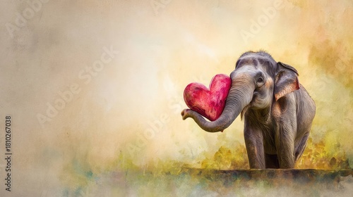 Watercolor illustration of elephant holding heart symbol in trunk