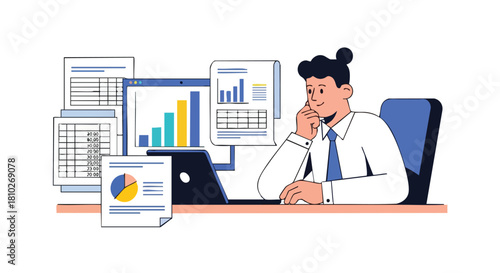 Pensive Financial Professional Reviewing Digital and Paper Reports, Spreadsheets, and Data Visualization Charts on a Laptop.