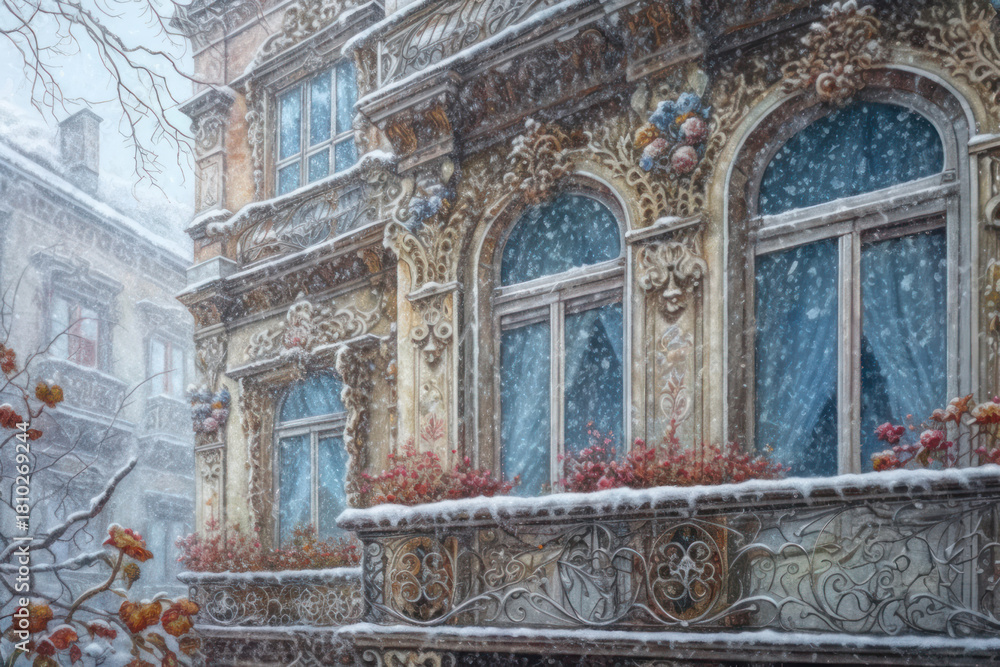 Obraz premium An atmospheric winter illustration depicting an old Art Nouveau building covered in snow. 