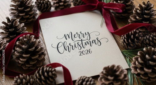 Holiday greeting card with text surrounded by pinecones and red ribbon, wood background
