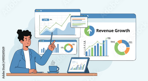 Financial Analyst Presenting Revenue Growth Data and Market Share Metrics Using Various Digital Charts and Graphs.
