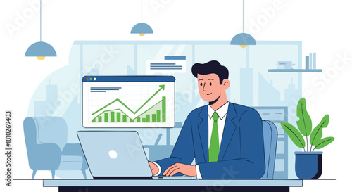 Smiling Businessman Working on a Laptop in an Office While Monitoring a Screen Displaying Successful Financial Growth Data.