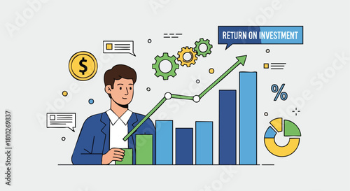 Businessman Analyzing Increasing Return on Investment (ROI) Illustrated with Bar Graphs and Growing Trend Line.