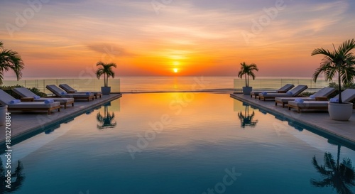Infinity pool mirroring sunset over ocean, palm trees framing