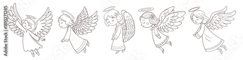 Cute аngel girls with wings and nimbus collection. Line art.