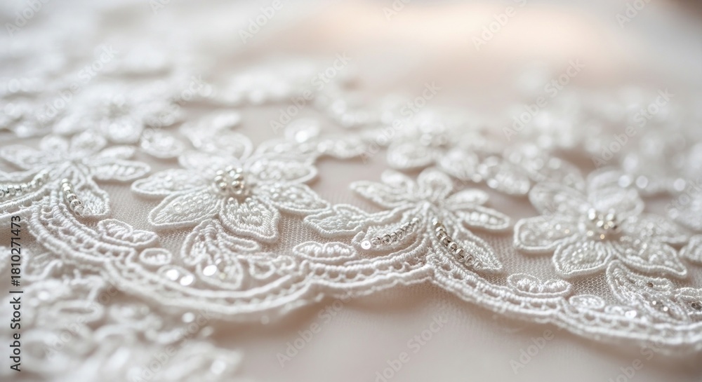 Obraz premium Intricate close-up of delicate white lace with floral design and shimmering embellishments