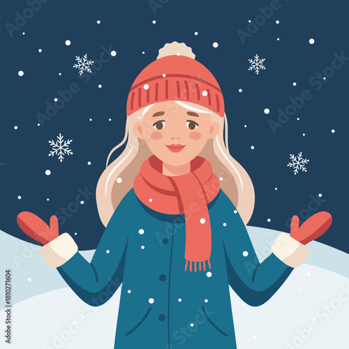 Cute  girl in warm winter clothes catches snowflakes. Illustration for holiday backgrounds.