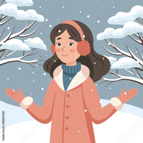 Cute  girl in warm winter clothes catches snowflakes. Illustration for Christmas and holiday backgrounds.