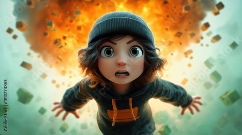 A brown-haired teen gamer shows strong emotion in a vibrant scene, showcasing her determination