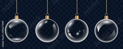 Glass bauble set. 3D transparent Christmas balls hanging for Christmas and New Year celebrations. vector illustrations