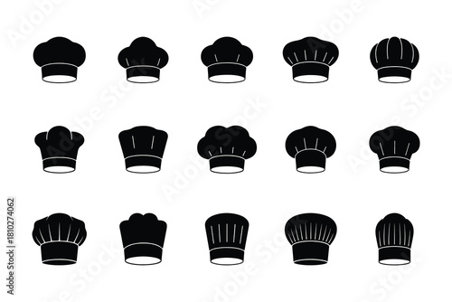 Chef hat icons set, Minimalist black toque silhouette
