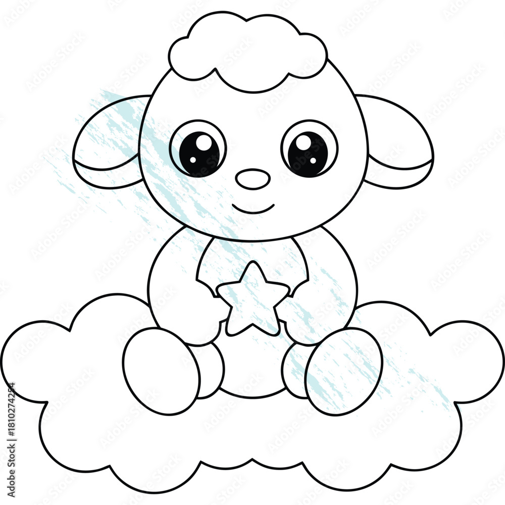 Fototapeta premium Sweet Baby Lamb Cartoon Outline Sitting on a Cloud with Star for Kids Coloring Book Design