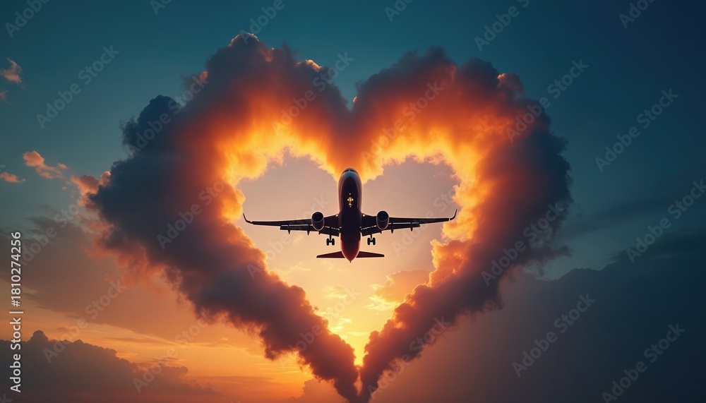Naklejka premium Airplane silhouette flies through heart shaped cloud formation during colorful sunset. Evening twilight sky features warm orange and gold hues. Aviation journey romance symbolism.