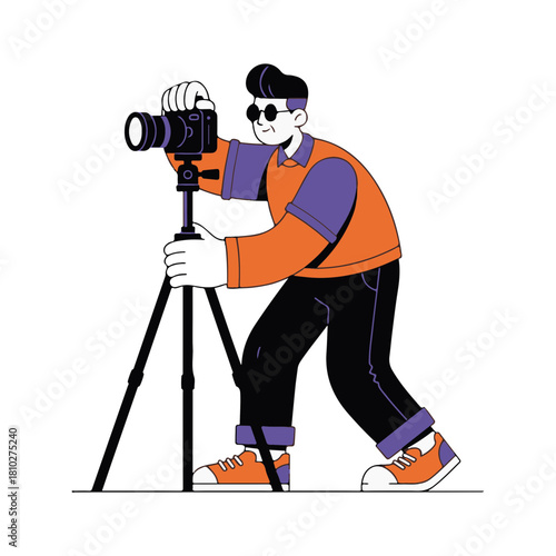 A photographer character with a professional camera on a tripod. Modern flat design vector illustration. Creative hobby and media profession concept