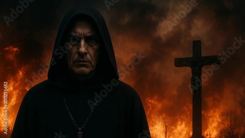 Sinister hooded inquisitor holding cross before burning stakes depicting medieval religious persecution tribunal judgment and dark church authority during inquisition era