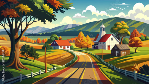 Very beautiful tree-lined country road leading into the peaceful rural community of Ryegate Corner in Vermont, surrounded by rolling hills, vibrant greenery, and a calm small-town atmosphere.