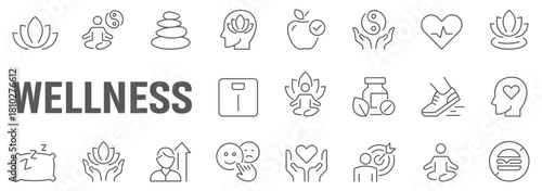 Wellness web icon set in line style. Relaxation, spa, sleep, yoga, health, lifestyle, spiritual practice, meditation, collection.