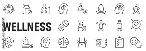 Fitness and healthy lifestyle web icons set in linear style. Sport and exercise icons for mobile and web app. Physical activity, gym, diet, sleep, work, rest, body care. Editable stroke and more.