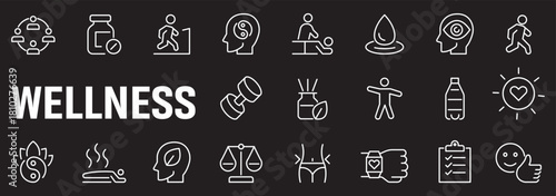 Fitness and healthy lifestyle web icons set in linear style. Sport and exercise icons for mobile and web app. Physical activity, gym, diet, sleep, work, rest, body care. Editable stroke and more.