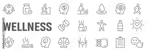 Fitness and healthy lifestyle web icons set in linear style. Sport and exercise icons for mobile and web app. Physical activity, gym, diet, sleep, work, rest, body care. Editable stroke and more.