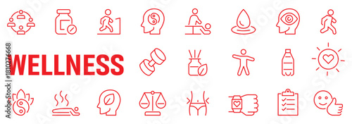 Fitness and healthy lifestyle web icons set in linear style. Sport and exercise icons for mobile and web app. Physical activity, gym, diet, sleep, work, rest, body care. Editable stroke and more.