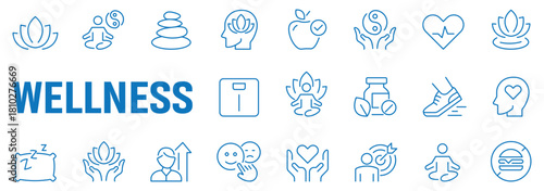 Fitness and healthy lifestyle web icons set in linear style. Sport and exercise icons for mobile and web app. Physical activity, gym, diet, sleep, work, rest, body care. Editable stroke and more.