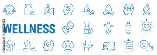 Wellness icon set. Containing massage, yoga, spa, relaxation, health, exercise, diet, wellbeing, meditation, aromatherapy and more. Solid icon collection