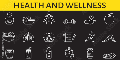 Wellness web icon set in line style. Relaxation, spa, sleep, yoga, health, lifestyle, spiritual practice, meditation, collection. Vector illustration.