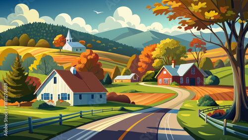 Very beautiful tree-lined country road leading into the peaceful rural community of Ryegate Corner in Vermont, surrounded by rolling hills, vibrant greenery, and a calm small-town atmosphere.