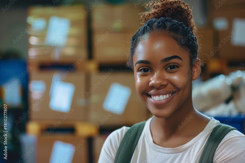 Obraz premium Young woman smiling in a warehouse environment