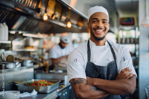 Smiling young chef in a busy restaurant kitchen