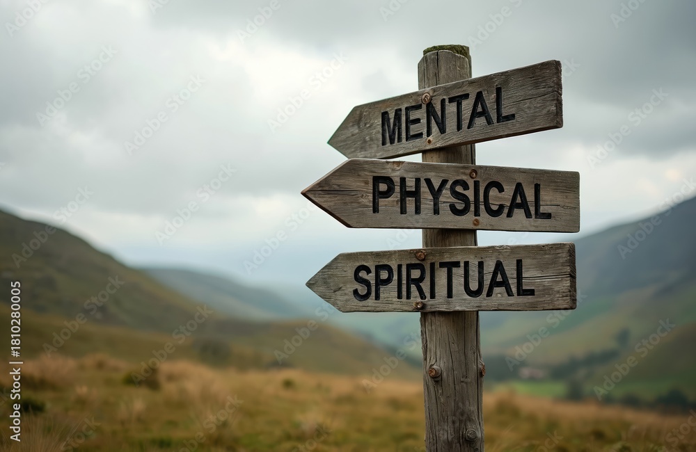 Obraz premium Signpost shows directions mental physical spiritual. Arrow sign with text about health on background of nature landscape and sky. Concept of balance in life way, well-being.