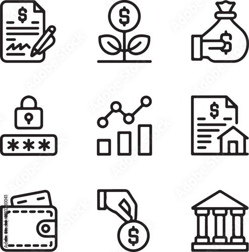 Bank icon set. Containing wallet, online banking, savings, loans, ATM, mortgage, investment, banger and more.
