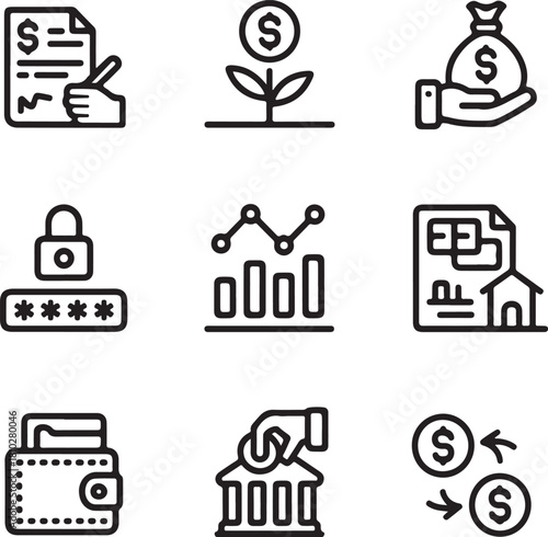 Bank icon set. Containing wallet, online banking, savings, loans, ATM, mortgage, investment, banger and more
