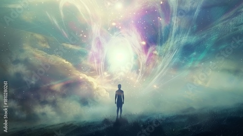 Wallpaper Mural A silhouette of a person stands before a spiritual light in the universe. Fantasy concept of consciousness, the soul, and cosmic exploration Torontodigital.ca