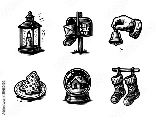 Christmas lantern engraving icons, festive north pole set