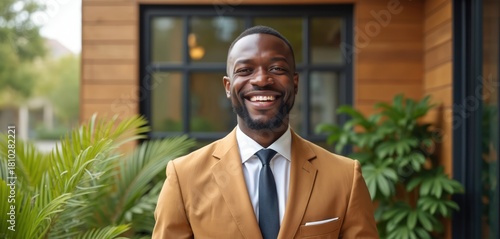 Wallpaper Mural Smiling african man wears suit. Businessman stands near building with modern design and plants. He looks confident, happy and pro. Positive executive portrait in city business center. Torontodigital.ca