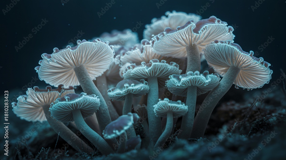 Naklejka premium Ultra sharp 8K macro photograph of glowing ethereal mushrooms on dark ground