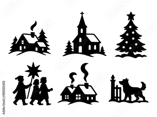 Christmas village silhouette icons, winter holiday scene