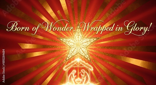 Christian nativity scene celebrating birth of Jesus. Glowing star of Bethlehem shines over holy family. Religious Christmas background with message of wonder and glory