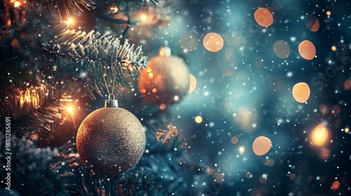 Close-up of a gold Christmas ornament on a snowy tree branch. Festive holiday background with glowing lights and bokeh. Winter celebration concept with copy space