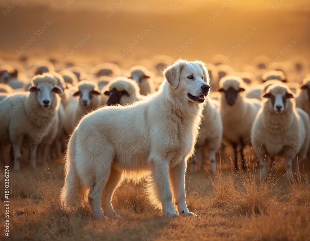 Obraz premium Large white fluffy dog stands watching over flock of sheep in sun-drenched field. Majestic livestock guardian dog protects farm herd during warm golden hour light. Domestic animals peacefully graze